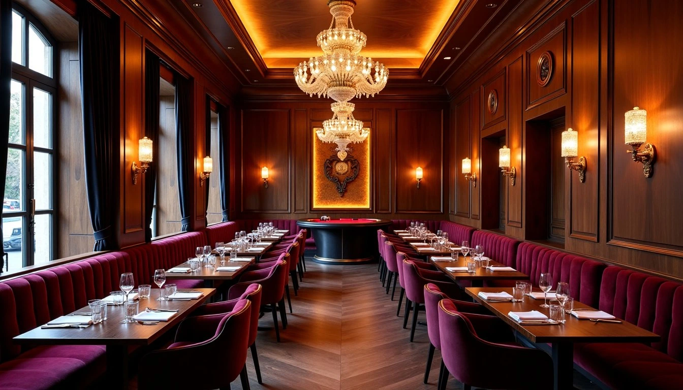Atmosphère générale de la salle avec les tables de poker artisanales alignées sous un éclairage tamisé chez Savourilienne