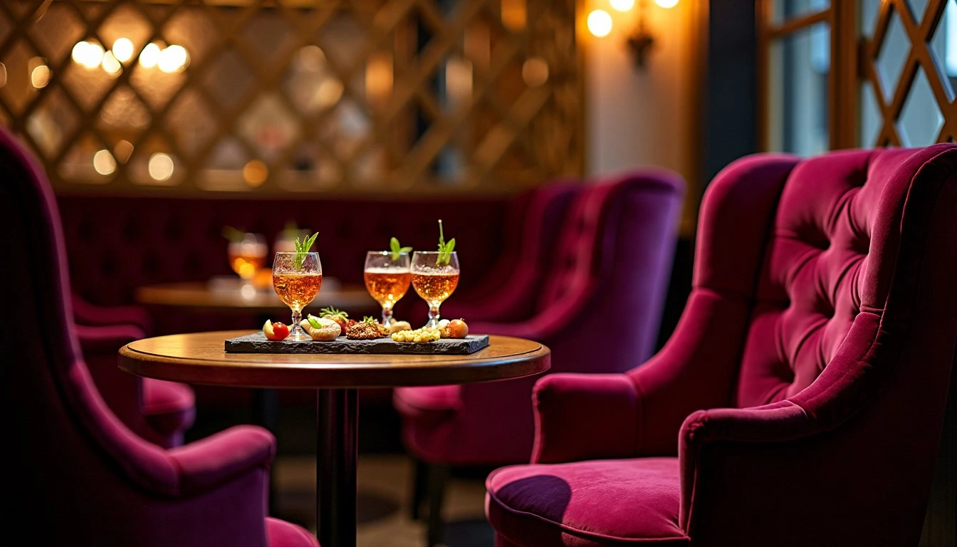 Verres en cristal d’élixirs botaniques servis sur un guéridon près d’une table de poker chez Savourilienne Paris